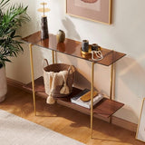 AGV 202401 2-Tier Glass Wood Console Table, Mid-Century Modern Style, Perfect for Living Room, Entryway, Foyer, D41×H31.5, Amber Glass Top & Walnut Wood Top & Gold Finish Metal Frame AGV LIGHTING
