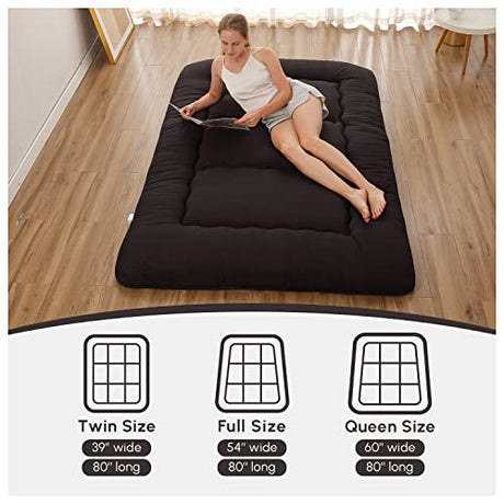 Zelladorra Japanese Floor Mattress, Futon Mattress with Portable Storage Bag and Washable Cover, Roll Up Thick Tatami Mat Suitable for Camping, Guest Room, Black, Twin Zelladorra