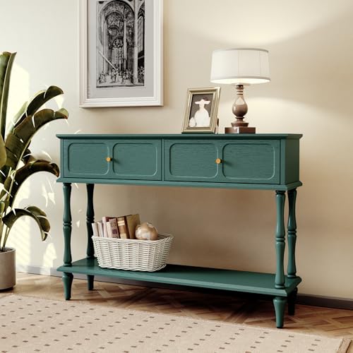 ARTPOWER Mid-Century Console Table for Entryway with 2 Drawers, Green Entryway Table with Storage Cabinets and Open Shelf, Narrow Long Couch Table Behind Sofa for Living Room, Foyer, Hallway ARTPOWER