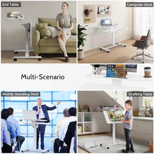 TecbL Pneumatic Standing Desk with Wheels - Adjustable Height 28" - 46" & 0-90° Tilt, 31.5" x 17.7" Skin-Feel Desktop, Rolling Computer Desk for Home Office, Hospital, School (White) TecbL