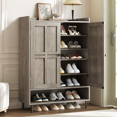ComfyCorner Grey 7+1 Tier Farmhouse Shoe Storage Cabinet - 45" Tall Entryway Organizer with Cross Molding Doors, 3 Adjustable Shelves & Metal Legs, Shoe Rack for Front Door Entrance