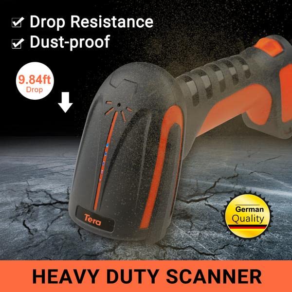 Tera Pro (Extreme Performance) Industrial Wireless Barcode Scanner 2D QR 1D Bar Code Reader 2.4G Wireless 2500mAh Compatible with Bluetooth Drop Resistant for Windows Mac Android iOS Model 8100 Orange Tera