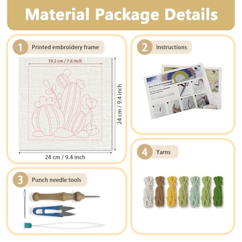 Doodlream Cartoon Cactus DIY Punch Needle Embroidery Kit for Adult Beginner, 9.4" Cactus Punch Stitching Craft Set for Starter with Frame, Fabric Pattern, Threader, Yarn, Pinch Needle