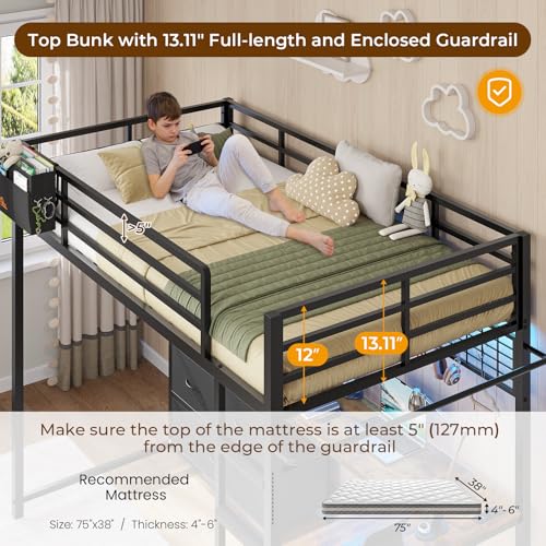 DICTAC Twin Loft Bed with L-Shaped Desk and 7 Storage Drawers,Metal Twin Size Loft Bed for Kids with LED Lights and Charging Station,13.11" H Safety Guardrail and Ladder,No Box Spring Needed, Black DICTAC