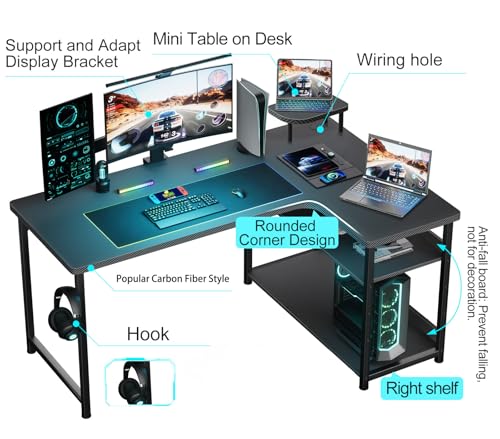 GTRACING L Shaped Gaming Desk, Carbon Fiber Style Computer Desk Compatible with Monitor Arm Storage Shelves Corner Desk Gaming Table for Home Office Desks Easy to Assemble Adjustable Shelf Height GTRACING
