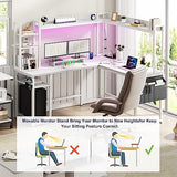 Aheaplus L Shaped Desk with Power Outlet, L Shaped Gaming Desk with Led Light & Hutch, Reversible Home Office Desk, Corner Computer Desk Writing Desk with Monitor Stand & Storage Shelves, White Aheaplus