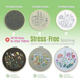 ETSPIL Beginner Embroidery Kit for Adults, 4K HD Video Tutorials, Pre-Printed Botanical Floral Designs, Essential Stitches & Bound Guide, Relaxing Screen-Free Activity for Women at Home