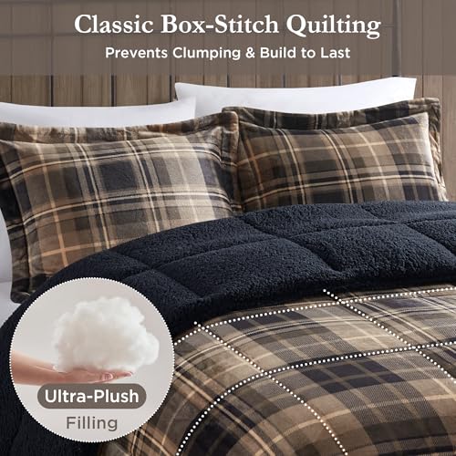Woolrich Reversible Comforter Set Ultra Soft Plush to Sherpa, Down Alternative, Cold Weather Winter Warm Bedding, with Matching Sham, Decorative Pillow Brown/Black Full/Queen 4 Piece Woolrich John Rich & Bros.
