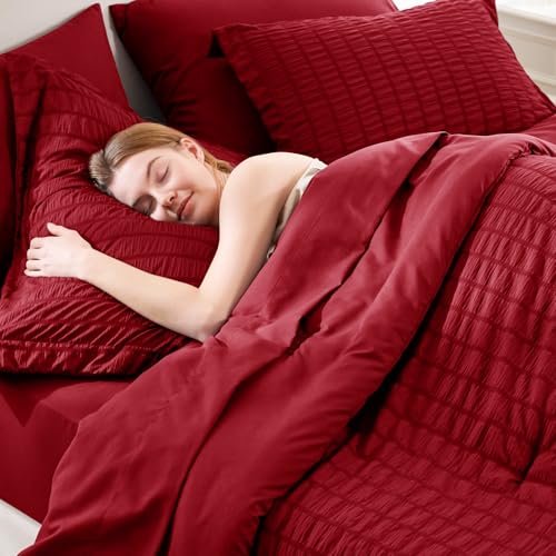 CozyLux King Size Comforter Set Dark Red Seersucker 7 Pieces Bed in a Bag King Comforter Set with Sheets, Luxury Bedding Sets with Down Alternative Comforter, Sheets, Pillowcases & Shams All Seasons