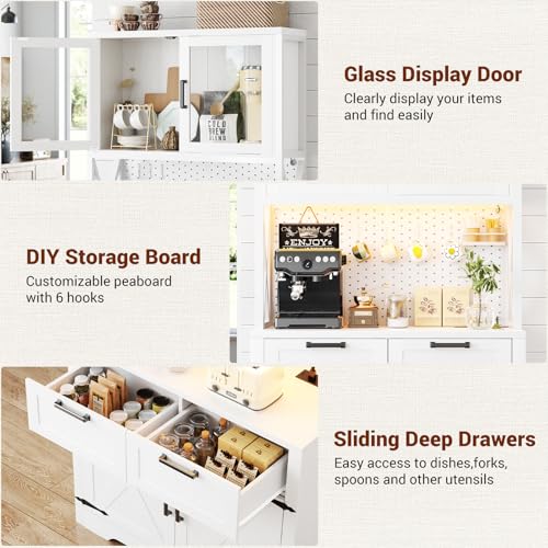 Unikito 71" Tall Kitchen Pantry Storage Cabinet with LED Light & Outlet, 63" Wide Kitchen Hutch Cabinet with Large Countertop, DIY Pegboard and Drawers, Farmhouse Food Pantry for Living Room, Unikito