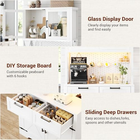 Unikito 71" Tall Kitchen Pantry Storage Cabinet with LED Light & Outlet, 63" Wide Kitchen Hutch Cabinet with Large Countertop, DIY Pegboard and Drawers, Farmhouse Food Pantry for Living Room, Unikito