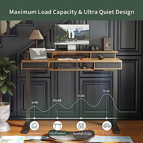 FEZIBO Height Adjustable Electric Standing Desk with 4 Drawers and Keyboard Tray, 55 x 24 Inch Table with Storage Shelf, Sit Stand Desk with Splice Board, Rustic Brown FEZIBO