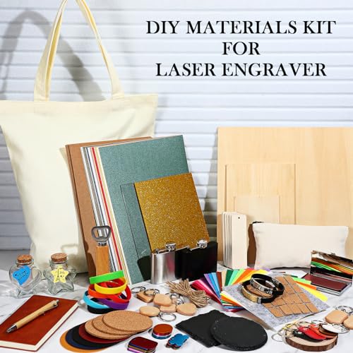 Dunzoom 257 Pcs Laser Material Kit Laser Engraving Materials Including Acrylic, Metal, Wood, Fabric, PU Leather, Glass, Rock, Rubber Materials for Laser Engravers and Laser Cutters Dunzoom