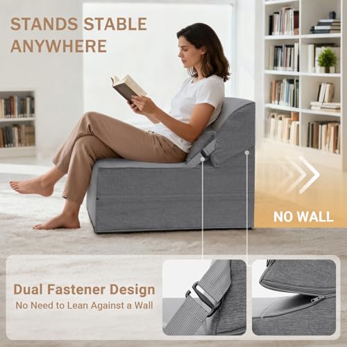 BeBen Folding Sofa Bed Chair, Convertible Sleeper Chair Futon Couch, Foldable Boneless Floor Lounger Sofa, Single Foam Chair Bed for Small Spaces, Dorm, Guest Room, Living Room, Apartment, Grey BeBen