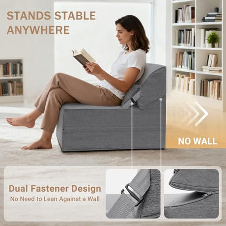 BeBen Folding Sofa Bed Chair, Convertible Sleeper Chair Futon Couch, Foldable Boneless Floor Lounger Sofa, Single Foam Chair Bed for Small Spaces, Dorm, Guest Room, Living Room, Apartment, Grey BeBen