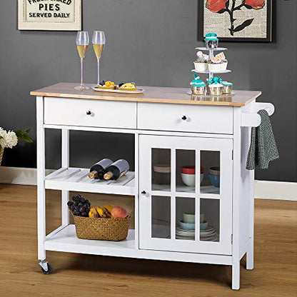 ChooChoo Rolling Kitchen Island, Portable Kitchen Cart Wood Top Kitchen Trolley with Drawers and Glass Door Cabinet, Wine Shelf, Towel Rack, White