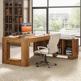 LITTLE TREE 63" L Shaped Executive Desk with Storage, Farmhouse Home Office Desk with 2-Tier Cabinets and Shelves, Large Wooden Computer Table Business Furniture Workstation Set, Brown LITTLE TREE