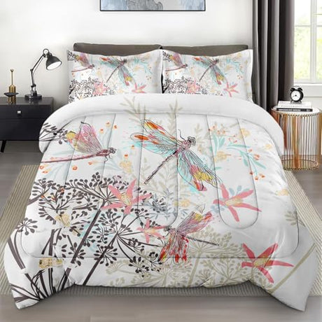 Zzzboro Comforter Set with 2 Pillowcases Full Size, Dragonfly Pink Flower Bloom, Bed Decor Wild Aesthetic Floral Botanical for Kids and Adults, Soft Cozy Bedroom Bedding Set Zzzboro