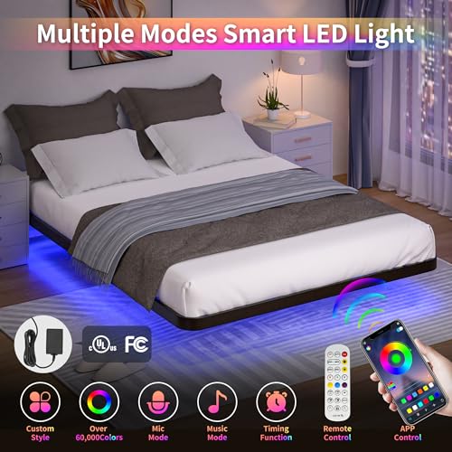 Meitewei Floating Bed Frame with LED Lights Queen Size Metal Platform Floating Bed with 15 Steel Slats, No Box Spring Needed, Noise-Free, Easy to Assemble, Black Meitewei