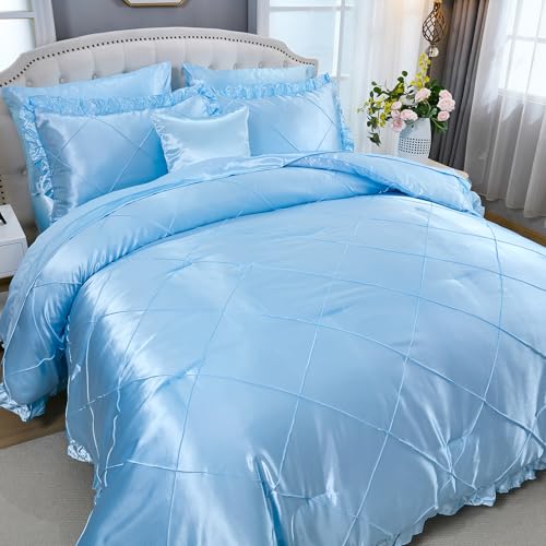 Silk Like Comforter Set Queen Satin Bedding Set Silky Bed in a Bag 8 Pcs with 1 Cushion Cover Pinch Pleat Bed Set Luxury Elegant Silky Ruffle Comforters Bedding_Dreamer