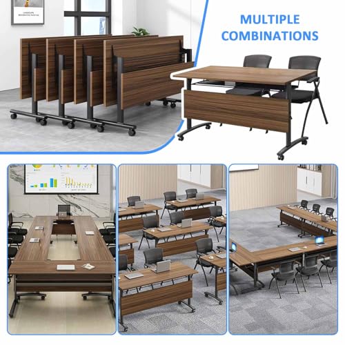 Folding Conference Room Tables,55" Flip Top Seminar Conference Tables,Foldable Meeting Table with Silent Wheels,Office Rolling Modular Meeting Room Table Mobile Training Tables (Walnut, 4 pack) Vlemkk