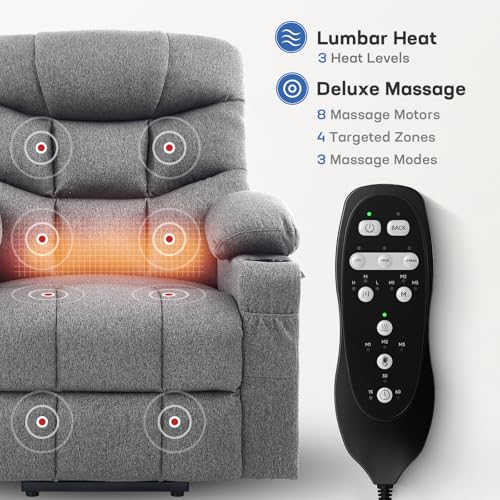 Tami Tami Dual Motor Power Lift Chair Recliner for Elderly with Massage and Heat, Infinite Position Electric Lift Recliner with USB A&C, Cup Holders (T6012 - Linen Fabric, Gray, Medium)