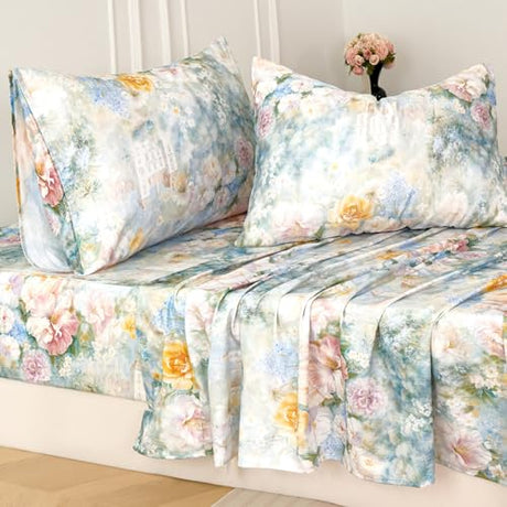 Zusbest California King Sheets Luxury Floral Bed Sheet Set 100% Cotton, Satin Weave Soft Breathable for Hot Sleepers Romantic Peony Flowery Printed Cottagecore Bedding Deep Pocket 17.5‘’, 4Pcs Zusbest