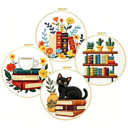 Zhenqing 4 Bookshelf Scenes Embroidery Kit for Beginners, Pre-Printed 29x29cm Circular Cotton Fabric Set with 20cm Hoop, Reading & Library Themed Designs for Home Decor (C0226)