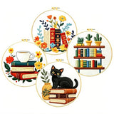 Zhenqing 4 Bookshelf Scenes Embroidery Kit for Beginners, Pre-Printed 29x29cm Circular Cotton Fabric Set with 20cm Hoop, Reading & Library Themed Designs for Home Decor (C0226)