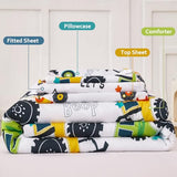 PERFEMET Toddler Bedding Set 4 Pieces Bed Set for Boys All Seasons 1 Deep Pocket Sheet and 1 Lightweight Comforter Soft Cute Colorful Pattern Cozy Children Bedroom Cars White PERFEMET