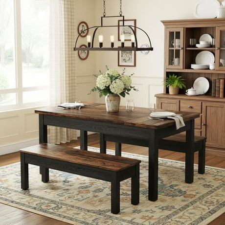 Tribesigns 55-Inch Kitchen Table Set for 4-6 People, Farmhouse Space Saving Dining Table with 2 Benches, 3 Pieces Wooden Dinette Set for Small Space, Breakfast Nook, Restaurant (Black and Brown) Tribesigns