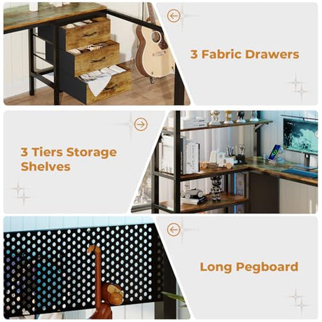BTHFST Loft Bed Twin Size with L-Shape Desk & RGB LED Lights & Charging Station, Twin Bunk Bed with Fabric Drawers & Shlves, 13.4'' H Safety Guardrail, Noise Free, No Box Spring Needed BTHFST