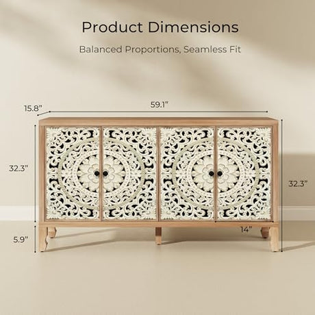 Furnivado Buffet Cabinet with Storage, Accent Cabinet with 4 Carved Doors, Solid Wood Sideboard with Adjustable Shelf, Vintage Cabinets for Kitchen, Living Room, Entryway, White&Natural Furnivado