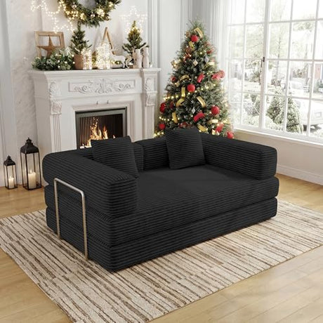 BSHOMGI 4 in 1 Futon Sofa Bed Queen Size - Foldable Convertible Sleeper Couch,Teddy Foam-Filled Compressed Couch Removable Corduroy Cover, Space Saving Sofas for Bedroom & Dorm (Black, 59” 2 Seat) BSHOMGI