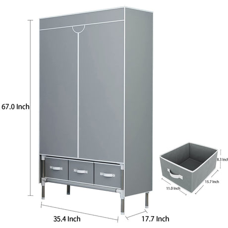 ASSICA Portable Clothes Closet Rolling Door Wardrobe with Hanging Rack Non-Woven Fabric Storage Organizer with Three Drawer Boxes No-Tool Assembly - 35.4 x 17.7 x 67.0 ‘’ (Gray) ASSICA