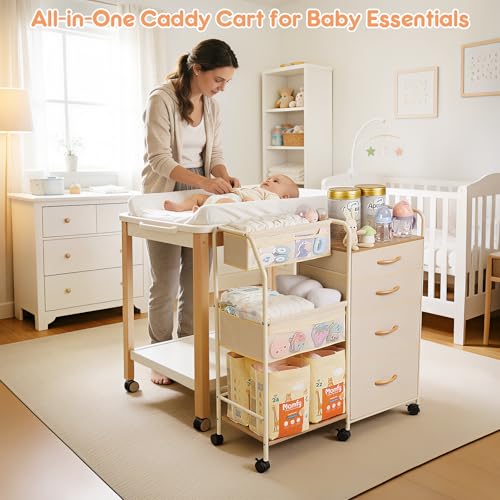 Fabuday Baby Diaper Caddy Organizer Cart - 4 Tier Rolling Diaper Cart with Wheels, Baby Essentials Organizers and Storage, Mobile Utility Carts for Bedside, Bedroom, Crib Nursury, Changing Table