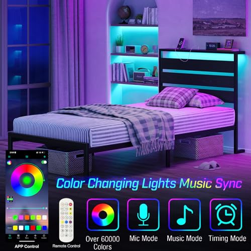 CollaredEagle Bed Frame with Headboard and Footboard,Heavy Duty Steel Slats Support Metal Bed Frame with Charging Station (Black, Twin) CollaredEagle