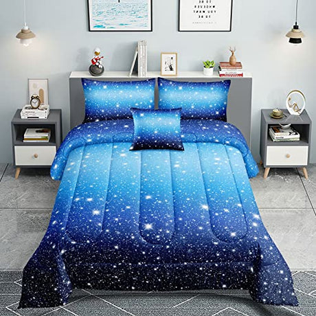 ROWADALO 5 Pieces Blue Gradient Glitter Sparkles Comforter Set Twin Size Galaxy Starry Sky Bedding Sets 5 Pcs Bed In A Bag for Kids Teen Girls Ultra Soft All-Season Girls Comforter Set,DJT-GB5002-Twin ROWADALO