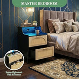 Rattan Nightstand, Modern Bedside Table with Led Lights and 2 Drawers, Black Nightstand with Charging Station, Wooden Bedside Table, Suitable for Bedrooms and Small Spaces, Black IDEALHOUSE