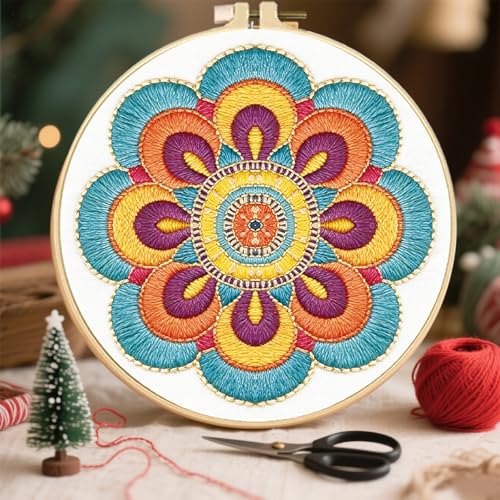 FREEBLOSS 4 Sets Embroidery Kit for Beginners Needlepoint Embroidery Starter Kit with Mandala Stamped Patterns, Instructions, Colored Threads, 2 Hoops 20cm/7.9inch