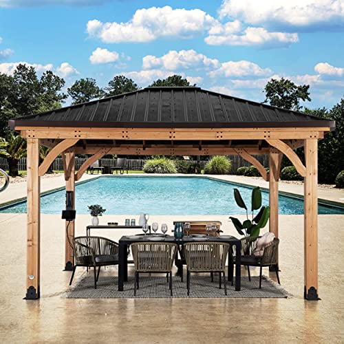 Backyard Discovery Barrington 14 ft. x 12 ft. Hip Roof Cedar Wood Gazebo Pavilion, Shade, Rain, Hard Top Steel Metal Roof, All Weather Protected, Wind Resistant up to 100 mph, Holds up to 10650 lbs Backyard Discovery
