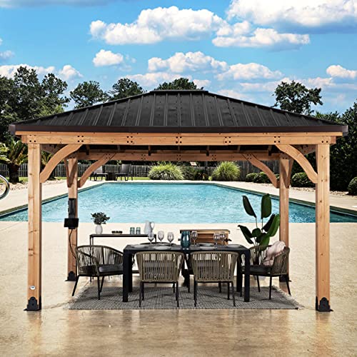 Backyard Discovery Barrington 14 ft. x 12 ft. Hip Roof Cedar Wood Gazebo Pavilion, Shade, Rain, Hard Top Steel Metal Roof, All Weather Protected, Wind Resistant up to 100 mph, Holds up to 106 - WoodArtSupply