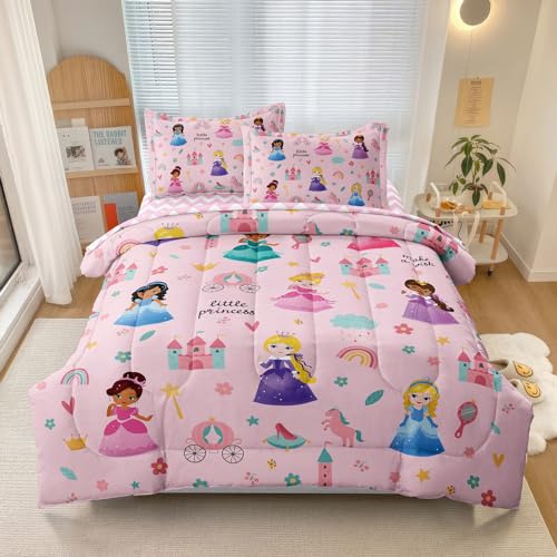 SIRDO Kids Magical Princess Comforter Set Bed in a Bag Twin Size- 5 Piece Soft Cute Castle Bedding Set for Girls (1 Comforter, 1 Flat Sheet, 1 Fitted Sheet, 2 Pillowcases), Pink SIRDO