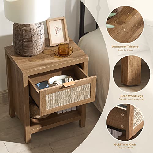 SICOTAS Rattan Nightstand Set of 2 - Farmhouse Night Stand with Drawer and Storage Shelf - Boho Bedside Table End Table Side Table Accent Table for Bedroom Living Room