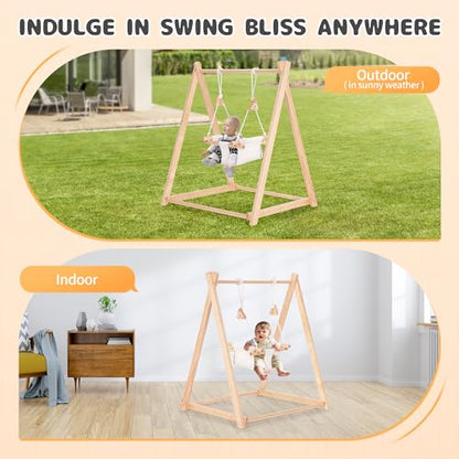 Wooden Swing Set for Toddler 6-36 Month, Foldable Baby Swing with Stand & 2 Sandbags, Kid Swing for Indoor Outdoor Backyard, Pine Wood - WoodArtSupply