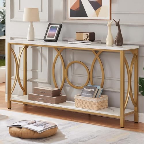 HOMISSUE Sofa Console Table, Modern Gold Console Table with Faux Marbled Tabletop, Engineered Wood Entryway Tables with 2 Tier Storage, Narrow Sofa Table for Living Room, Hallway (55 Inch, White&Gold) HOMISSUE