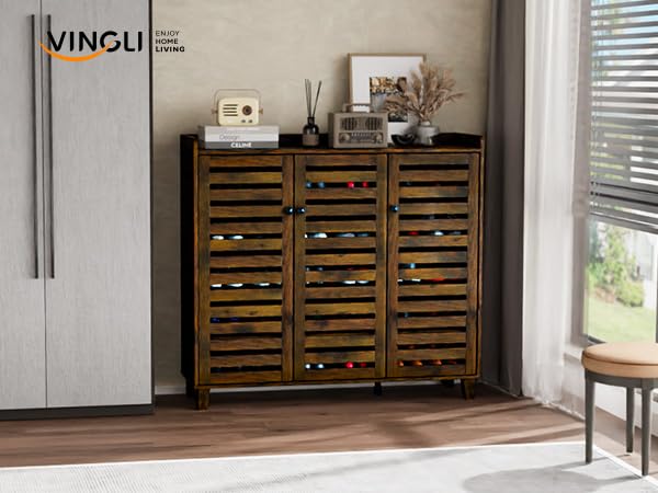 VINGLI Shoe Cabinet with Doors, Entryway Shoe Storage, Shoe Rack with Doors, Hidden Shoe Cabinet, Shoe Organizer Cabinet, Freestanding Shoe Rack Cabinet,Shoe Storage Cabinet,Shoes Cabinet Rustic Brown VINGLI