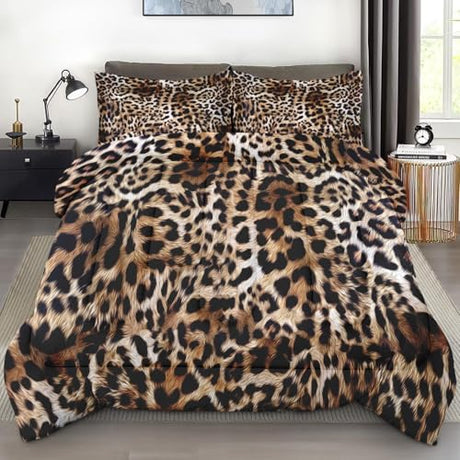 Pamnest Comforter Set King Size, Leopard Cheetah Animal Retro Soft 3 Pcs Bedding for Kids and Adults, African Cat Comforter Set with 2 Pillowcases, for Bedroom Bed Decor Pamnest