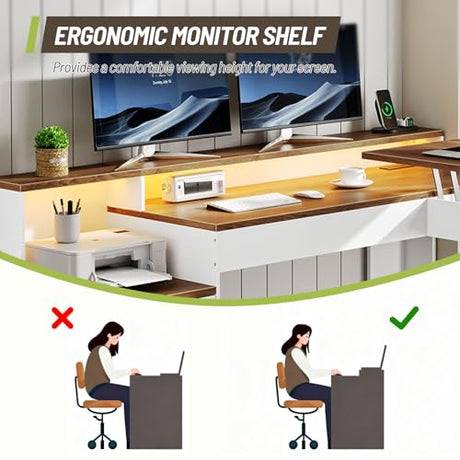 STHYTON Farmhouse 63" L Shaped Standing Desk, Corner Computer Desk with Drawers, Office Desk with File Drawers with RGB Lighting & Charging Station, Monitor Stand and Storage Shelves, White and Walnut STHYTON