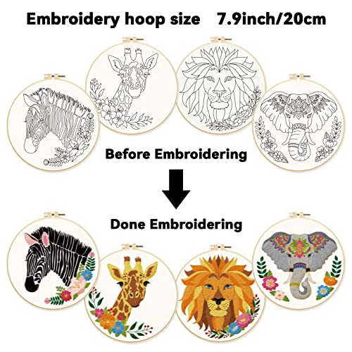 ORIGACH 4 Pcs Wild Animal Embroidery Starters Kit for Beginners, Zebra Lion Elephant Giraffe Embroidery Stitch Practice kit Include Embroidery Cloth, Embroidery Hoops, Threads and Needles